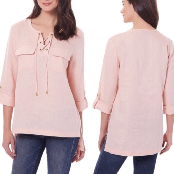 Ellen Tracy Tops - Ellen Tracy Linen Tab Sleeve Lace Front Tunic T42